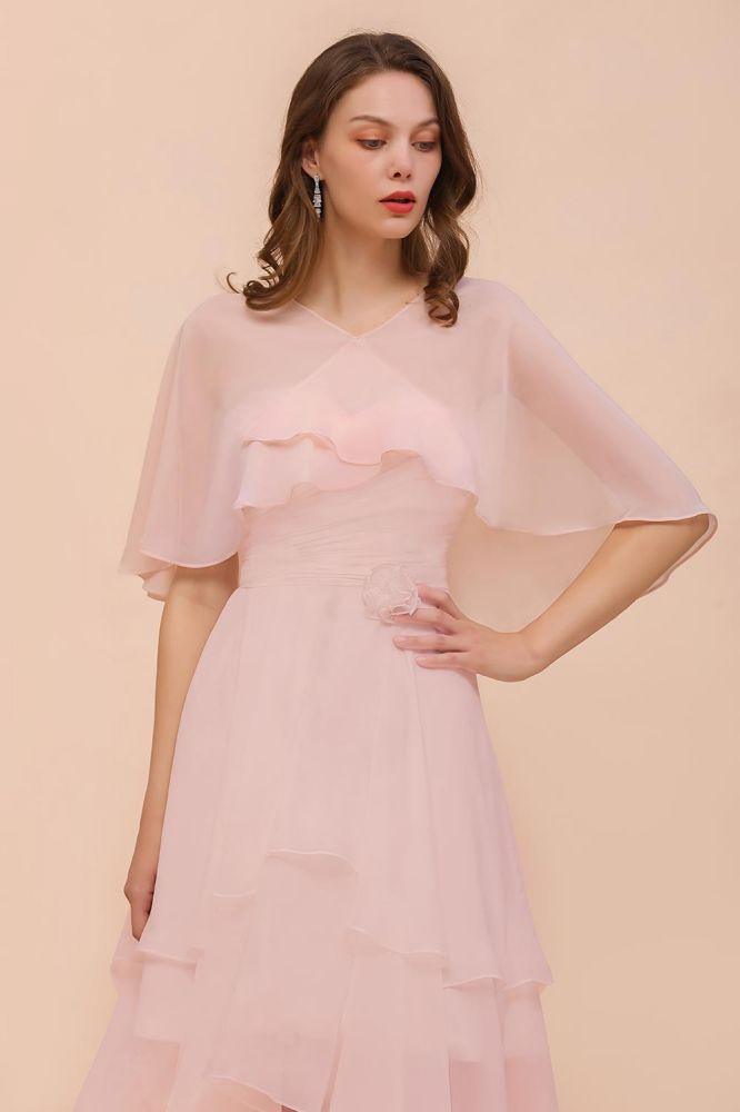 Blushing Pink Bridesmaid Dress Knee Length Simple Chiffon Girls Party Dress with Wraps