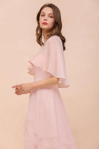 Blushing Pink Bridesmaid Dress Knee Length Simple Chiffon Girls Party Dress with Wraps
