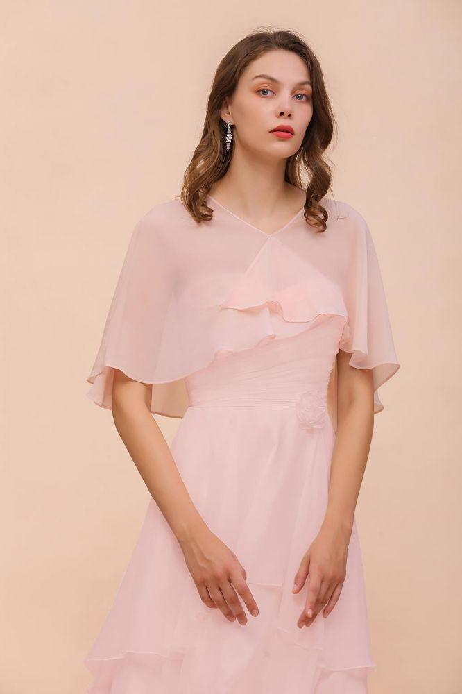 Blushing Pink Bridesmaid Dress Knee Length Simple Chiffon Girls Party Dress with Wraps