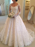 Verlobungs- und formelle Herbst-Brautkleider Ballkleid Illusion Neck Langarm Kapelle Zug Spitze Brautkleider mit Knöpfen Perlen