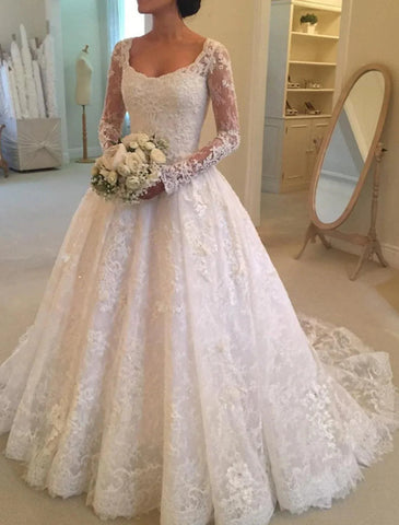Verlobungs- und formelle Herbst-Brautkleider Ballkleid Illusion Neck Langarm Kapelle Zug Spitze Brautkleider mit Knöpfen Perlen