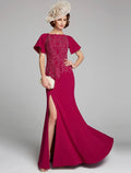 Vestido mãe da noiva sereia/trompete, decote barco, comprimento até ao chão, chiffon, renda, manga curta com renda, frente aberta
