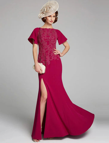 Meerjungfrau/Trompete Kleid für die Brautmutter, U-Boot-Ausschnitt, bodenlang, Chiffon, Spitze, kurze Ärmel mit Spitze, Schlitz vorne