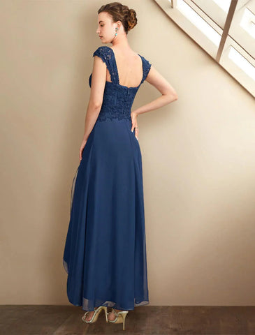 Zweiteiliges A-Linien-Kleid für die Mutter der Braut, Kirche, Übergröße, elegant, hoch und tief, quadratischer Ausschnitt, asymmetrisch, knielang, Chiffon, Spitze, kurze Ärmel, Wickelkleid inklusive Applikationen