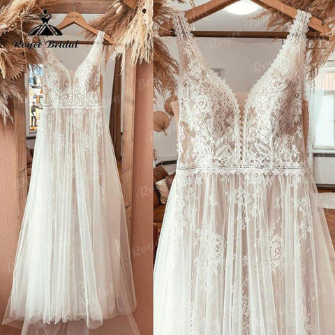 Boheme V-Ausschnitt Spitze Boho Hochzeitskleid rückenfrei 2025 Robe Mariee Civil Vintage Brautkleider für Braut Vestidos de Nova Beach