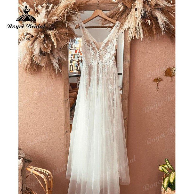 Boheme Scollatura a V Pizzo Abito da Sposa Boho Senza Schienale 2025 Robe Mariee Matrimonio Civile Vintage Vestiti da Sposa per Sposa Vestidos de Nova Spiaggia