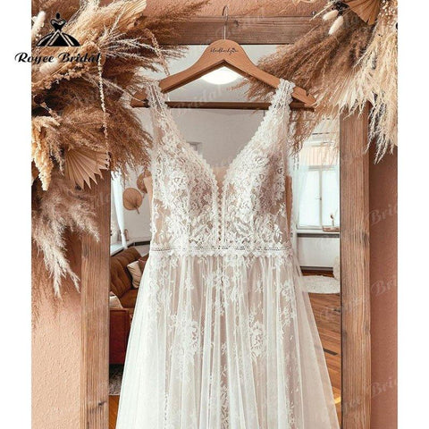 Boheme V-Ausschnitt Spitze Boho Hochzeitskleid rückenfrei 2025 Robe Mariee Civil Vintage Brautkleider für Braut Vestidos de Nova Beach