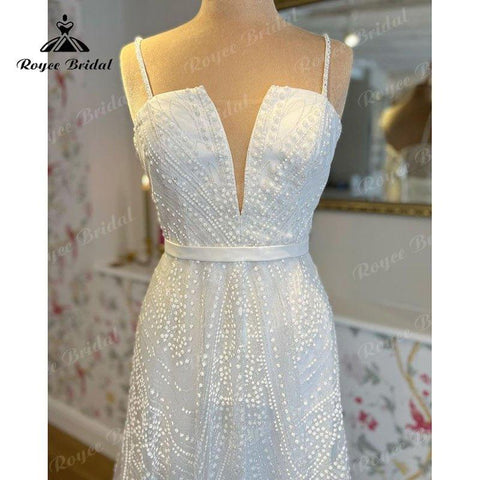 Boho A-Linie Brautkleid Custom für Frauen 2025 Brautkleid Sexy V-Ausschnitt Spaghetti-Trägern Zurück Lace Up Bow Gürtel Spitze Sweep Vestido