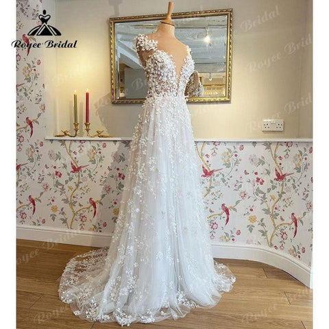 Boho A-Linie Brautkleid Benutzerdefinierte Für Frauen 2025 Sexy Weg Von der Schulter Backless Spitze Appliques Brautkleid Sweep vestidos de novia