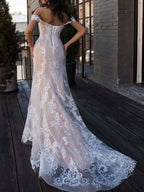 Boho elegantes Hochzeitskleid Meerjungfrau-Trägerlos Maßgeschneidert Spitze Kurzarm Bodenlang Brautkleid Mit Schleppbahn