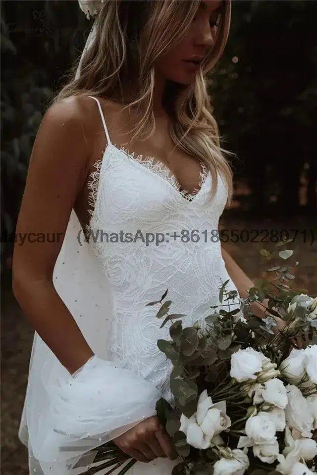 Boho Mermaid V Neck Spaghetti Straps Wedding Dress Court Train Wedding Gown Lace Backless Dress For Women vestidos de novia