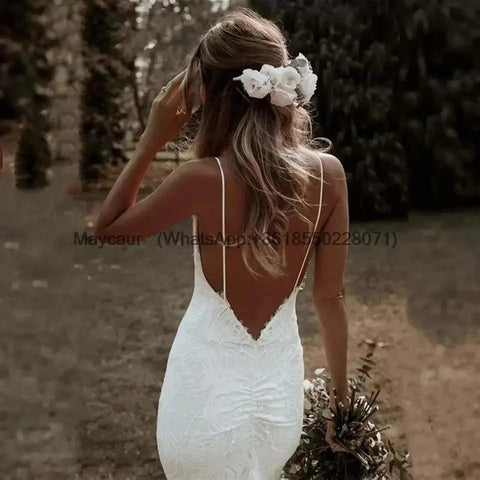 Vestido de noiva estilo sereia estilo boho, decote em V, alças finas, cauda longa, renda, costas nuas, para mulher 