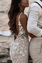Robe de mariée dos nu sans manches style bohème fleuri en forme de sirène