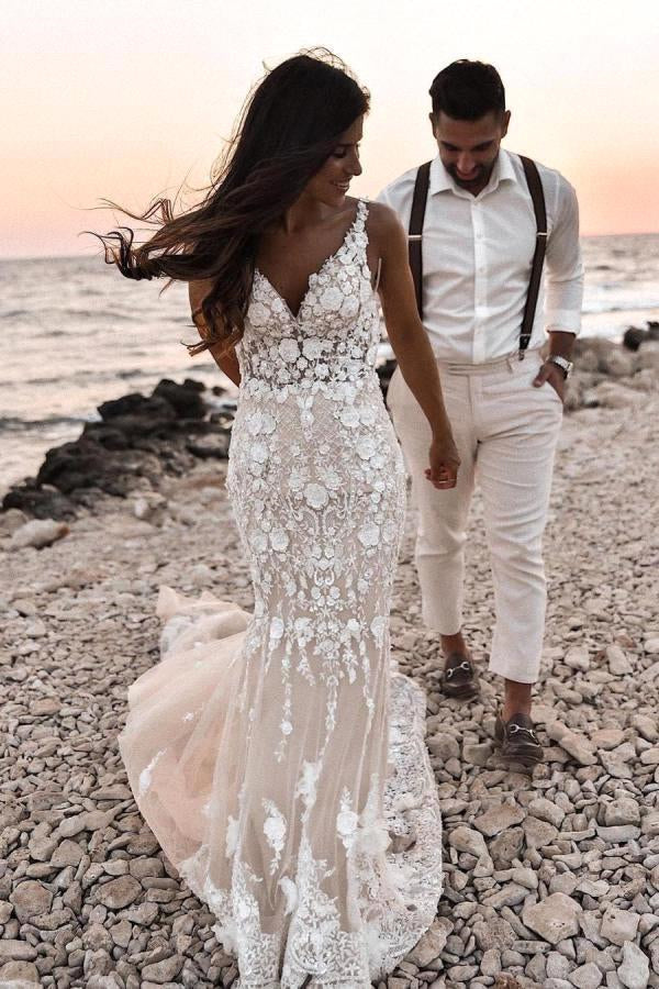 Robe de mariée dos nu sans manches style bohème fleuri en forme de sirène