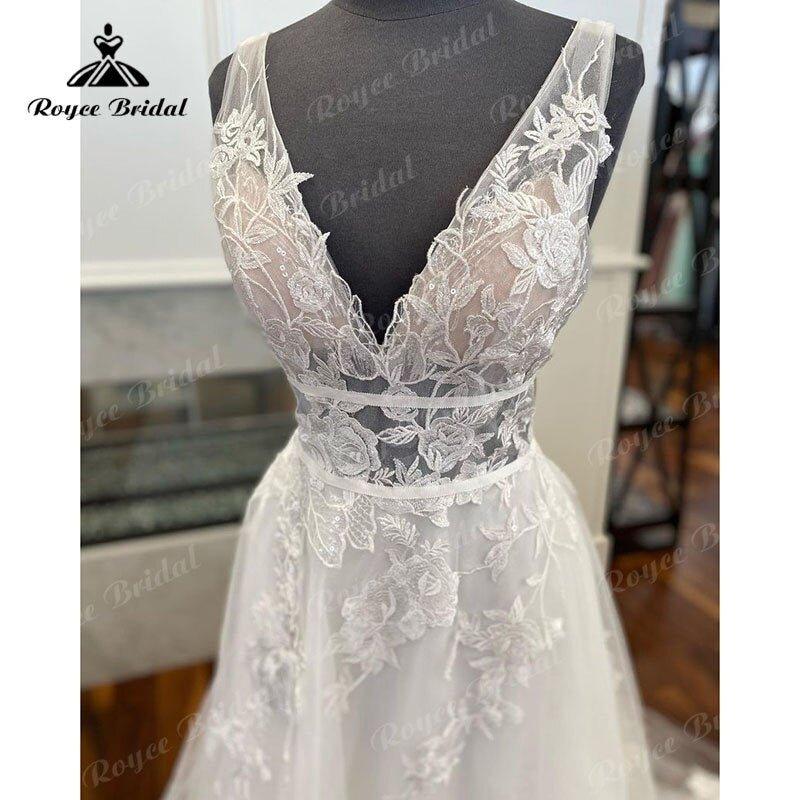 Boho V Neck Lace Floral Wedding Dress A Line Backless Sweep Train 2025 Vintage Women Beach Robe De Mariage Bride Wedding Gowns