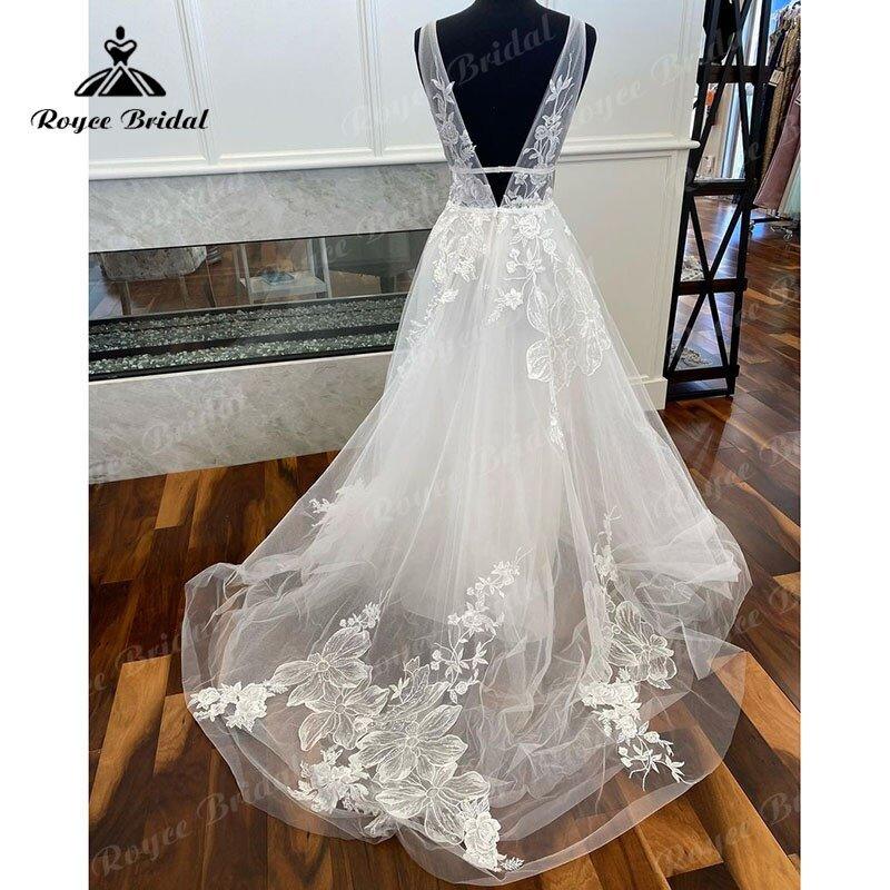 Boho V Neck Lace Floral Wedding Dress A Line Backless Sweep Train 2025 Vintage Women Beach Robe De Mariage Bride Wedding Gowns