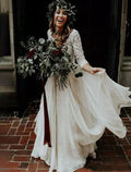 Abiti da Sposa Boho in Chiffon con Scollo a V, Manica 3/4, Strascico Spazzolato e Pieche, Completi e Abiti da Sposa a Ballo