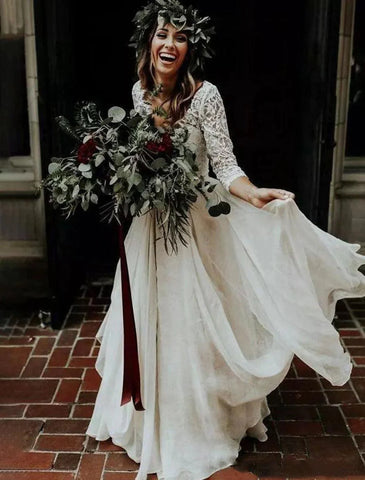 Boho Brautkleider Ballkleid V-Ausschnitt 3/4 Ärmel Sweep / Brush Train Chiffon Brautanzüge Brautkleider mit Falten