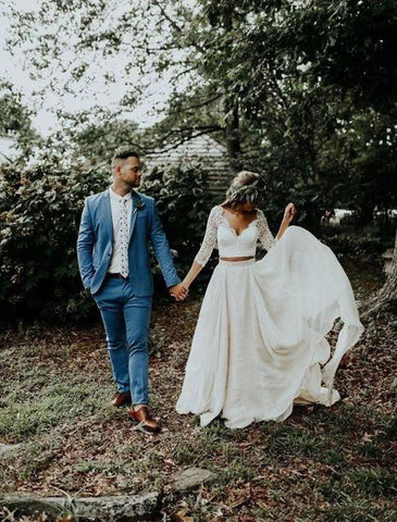 Boho Brautkleider Ballkleid V-Ausschnitt 3/4 Ärmel Sweep / Brush Train Chiffon Brautanzüge Brautkleider mit Falten