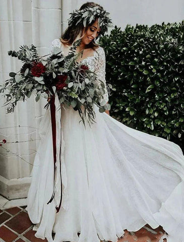 Boho Brautkleider Ballkleid V-Ausschnitt 3/4 Ärmel Sweep / Brush Train Chiffon Brautanzüge Brautkleider mit Falten