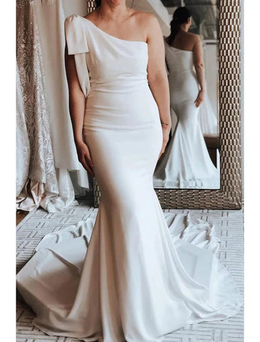 Boho Brautkleider Meerjungfrau Eine Schulter Ärmellos Hofschleppe Stretch Stoff Brautkleider Mit Schleife(n)