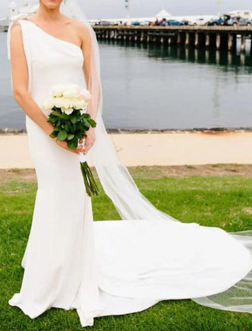 Boho Brautkleider Meerjungfrau Eine Schulter Ärmellos Hofschleppe Stretch Stoff Brautkleider Mit Schleife(n)