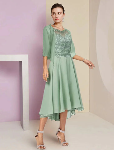 Zweiteiliges A-Linien-Kleid für die Mutter der Braut, formeller Hochzeitsgast, eleganter hoher und niedriger U-Ausschnitt, asymmetrische knielange Chiffon-Spitze, halbe Ärmel, Wickelkleid mit Perlenapplikationen