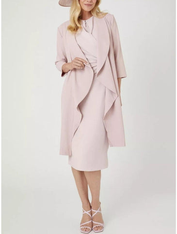 Zweiteiliges Kleid für die Mutter der Braut, für Hochzeitsgäste, elegant, zierlich, Rundhalsausschnitt, knielang, Stretch-Chiffon, 3/4-Ärmel mit geschlitzter Vorderseite, Rüschen, einfarbig