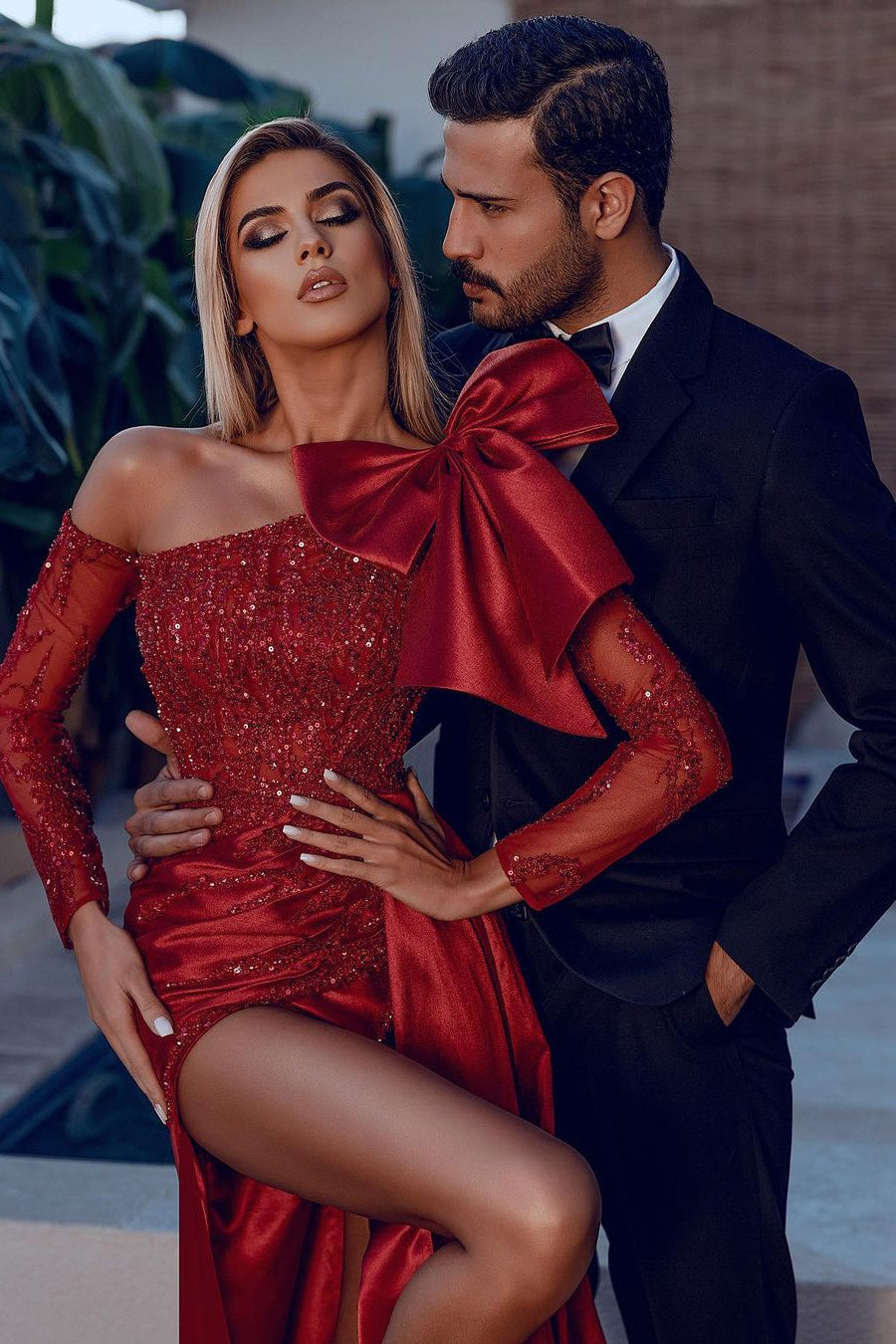 Bow Burgundy Long Sleeve Sequins Mermaid Prom Dress With Split