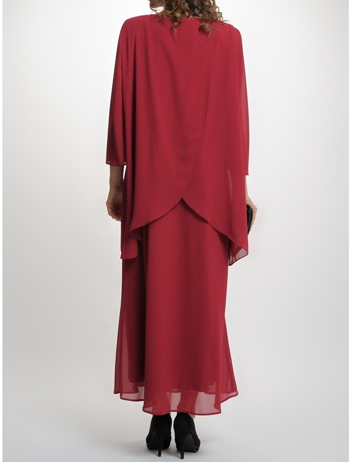 Vestido de festa para mãe da noiva, estilo tubo/coluna, simples e elegante, decote redondo, comprimento até ao tornozelo, chiffon, manga 3/4 com pregas, pregadeira em cristal