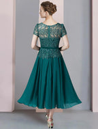 Vestido de mãe da noiva em duas peças, corte A, formal, para convidada de casamento, elegante, decote em V, comprimento chá, chiffon, renda, manga curta, incluído com aplicações de lantejoulas