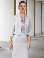 Vestido de mãe da noiva de duas peças, bainha/coluna, elegante, com decote em joia, comprimento até ao joelho, chiffon, renda, manga curta, casaco curto com aplicações