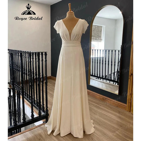 Brautkleid Sommer Tiefer V-Ausschnitt Weiches Satin Brautkleid 2024 Damen Brautkleid mit Flügelärmeln Boho Hochzeitskleid Strand 