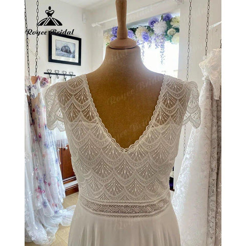 Brautkleid Bohemian Lace Bodice Chiffon V Neck Wedding Gown for Bride 2024 Boho Wedding Dress with Short Sleeve suknia slubna 