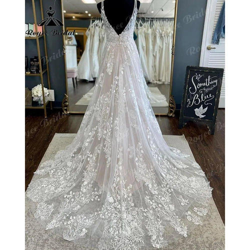 Brautkleid Civil Lace Floral Tank V-Ausschnitt Blush Pink Boho Frauen Hochzeitskleid 2024 Brautkleid Backless Vestido de Noiva Elegant 