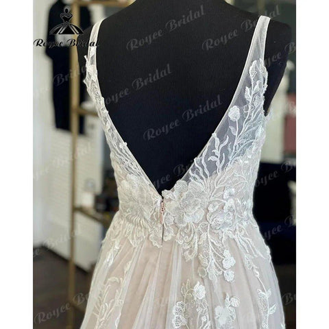 Brautkleid Civil Lace Floral Tank V-Ausschnitt Blush Pink Boho Frauen Hochzeitskleid 2024 Brautkleid Backless Vestido de Noiva Elegant 