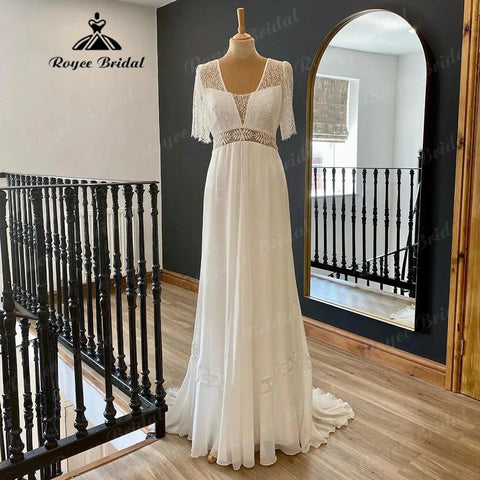 Brautkleid Sommer Boho Spitze Chiffon V-ausschnitt Hochzeit Kleid für Frauen 2024 Strand Brautkleid Nach Maß gelinlik vestidos novia 