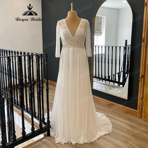 Brautkleid Sommer Dreiviertelärmel V-Ausschnitt Spitzenmieder Boho Hochzeitskleid für Frauen 2024 Böhmisches Strandbrautkleid Robe Mari 