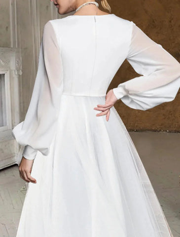 Brautparty Herbst Brautkleider Kleine weiße Kleider Lässige A-Linie V-Ausschnitt Langarm Asymmetrische Chiffon Brautkleider Mit Einfarbiger Sommerhochzeitsfeier