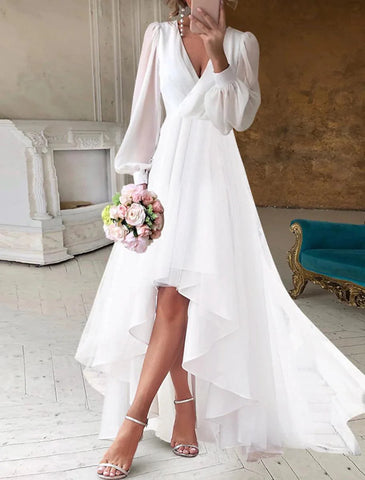 Brautparty Herbst Brautkleider Kleine weiße Kleider Lässige A-Linie V-Ausschnitt Langarm Asymmetrische Chiffon Brautkleider Mit Einfarbiger Sommerhochzeitsfeier