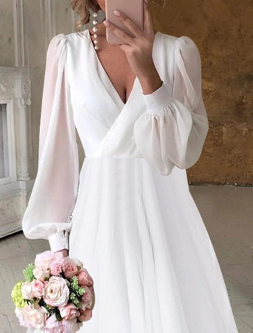 Brautparty Herbst Brautkleider Kleine weiße Kleider Lässige A-Linie V-Ausschnitt Langarm Asymmetrische Chiffon Brautkleider Mit Einfarbiger Sommerhochzeitsfeier