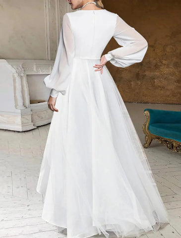 Brautparty Herbst Brautkleider Kleine weiße Kleider Lässige A-Linie V-Ausschnitt Langarm Asymmetrische Chiffon Brautkleider Mit Einfarbiger Sommerhochzeitsfeier