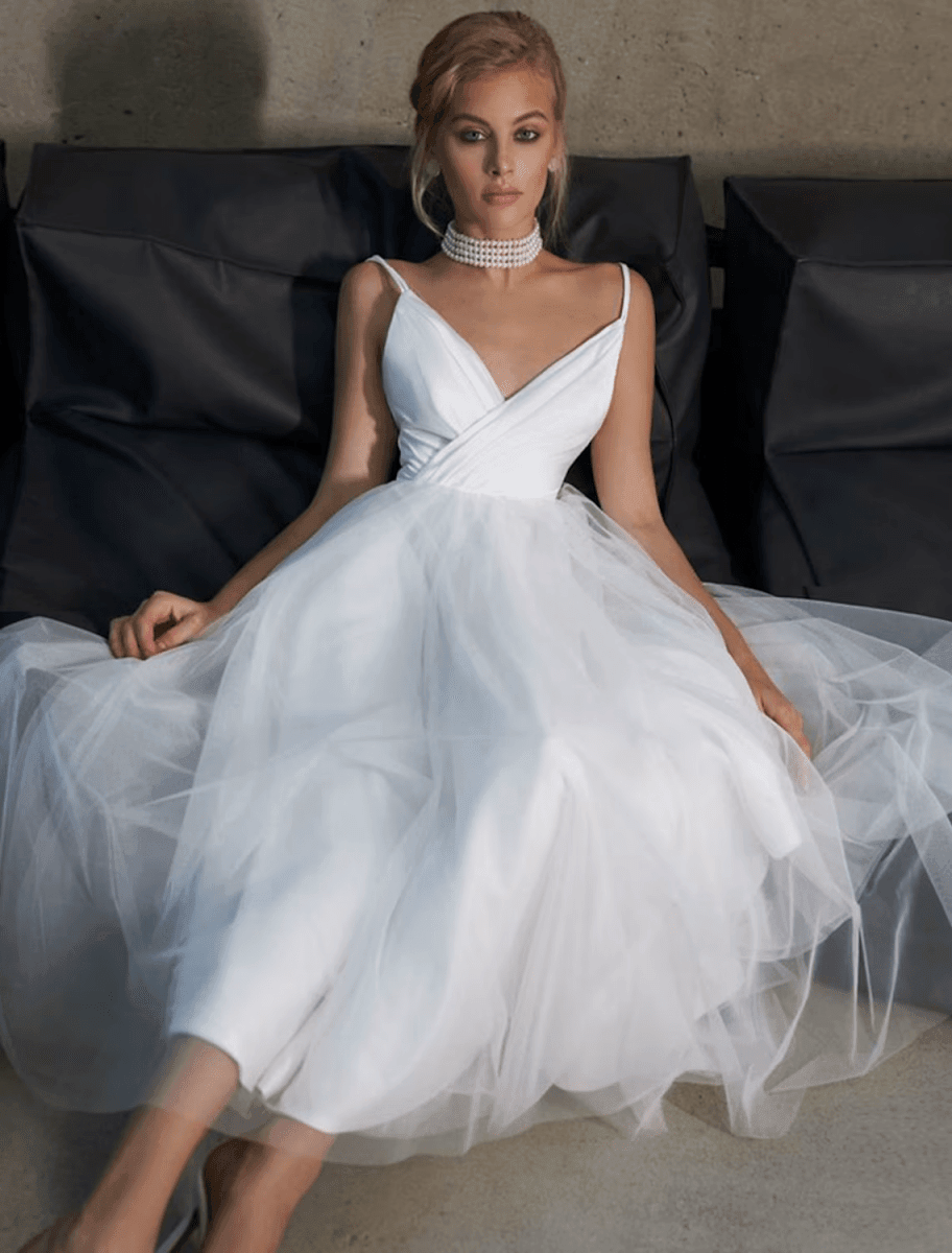 Bridal Shower Little White Dresses Casual Wedding Dresses Ankle Length A-Line Sleeveless Spaghetti Strap Tulle With Solid Color