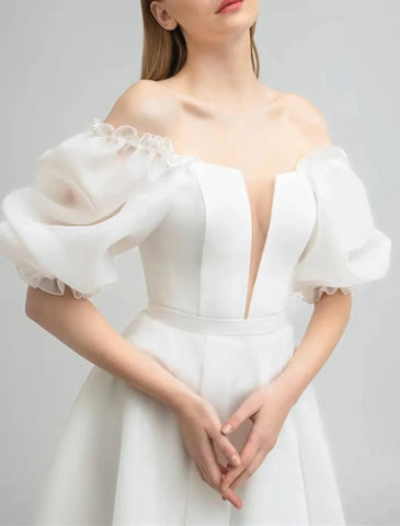 Brautdusche Kleine weiße Kleider Brautkleider A-Linie Schulterfrei Halbarm Tee Länge Satin Brautkleider Mit Volltonfarbe