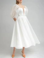 Bridal Shower Little White Dresses Wedding Dresses A-Line Off Shoulder Half Sleeve Tea Length Satin Bridal Gowns With Solid Color