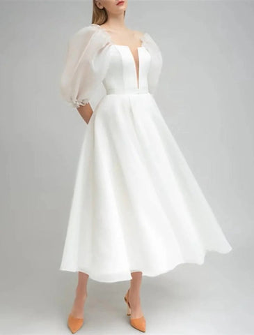 Brautdusche Kleine weiße Kleider Brautkleider A-Linie Schulterfrei Halbarm Tee Länge Satin Brautkleider Mit Volltonfarbe