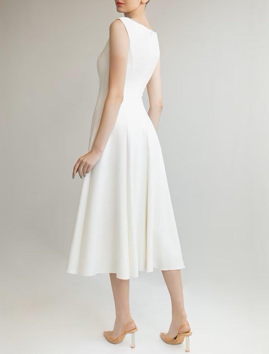 Bridal Shower Little White Dresses Wedding Dresses A-Line Scoop Neck Sleeveless Tea Length Satin Bridal Gowns With Solid Color