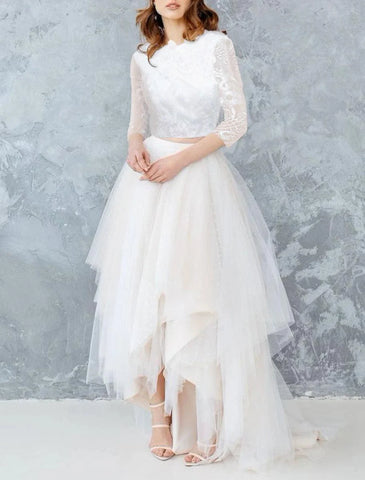 Brautparty Kleine weiße Kleider Brautkleider A-Linie Separates Separates Asymmetrische Satin-Brautröcke Brautkleider mit Volltonfarbe