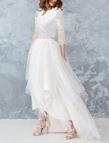 Brautparty Kleine weiße Kleider Brautkleider A-Linie Separates Separates Asymmetrische Satin-Brautröcke Brautkleider mit Volltonfarbe