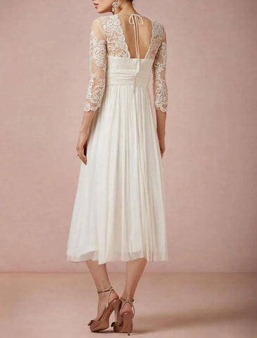 Brautparty Kleine weiße Kleider Brautkleider A-Linie V-Ausschnitt 3/4-Ärmel Teelange Chiffon-Brautkleider mit Applikationen Volltonfarbe